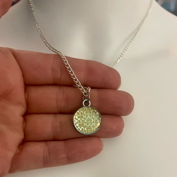 Coach Yellow Enamel Round Signature Pendant .925 Sterling Silver Necklace - Picture 3 of 5